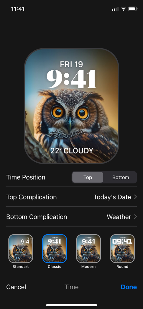 Interface of the watch face editor showing an owl background with customization options for time position and complications