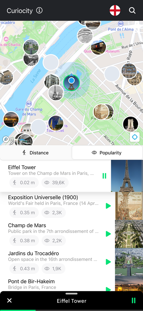 Curiocity app interface displaying nearby tourist attractions on a map of Paris
