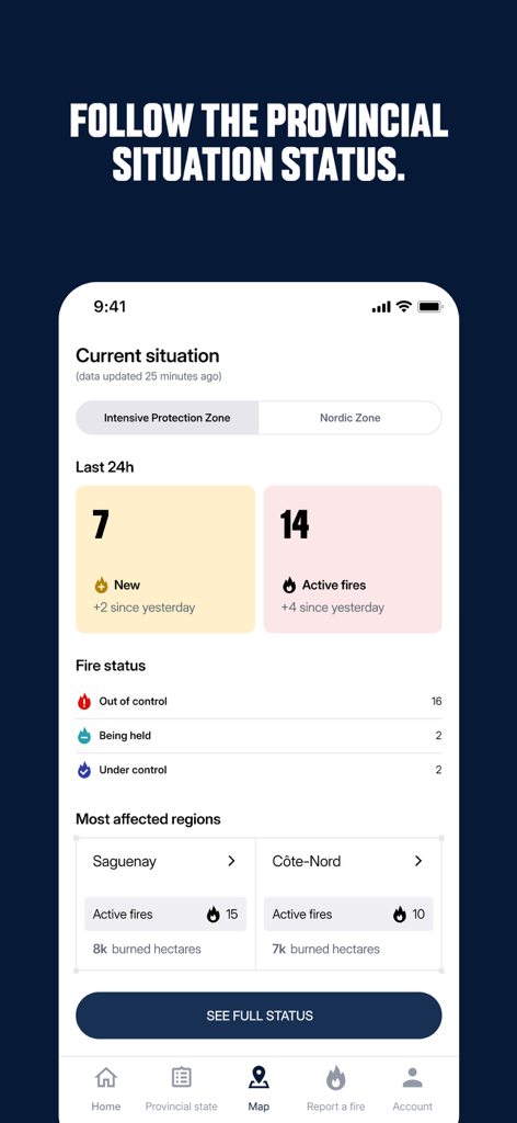 Screenshot of the La SOPFEU app showing the current fire situation status including active fires and affected regions in Quebec.