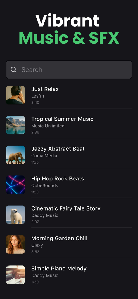 Clideo — Video Editor - Interfaz de la aplicación Clideo mostrando una biblioteca de vibrantes pistas de música y efectos de sonido para edición de video.