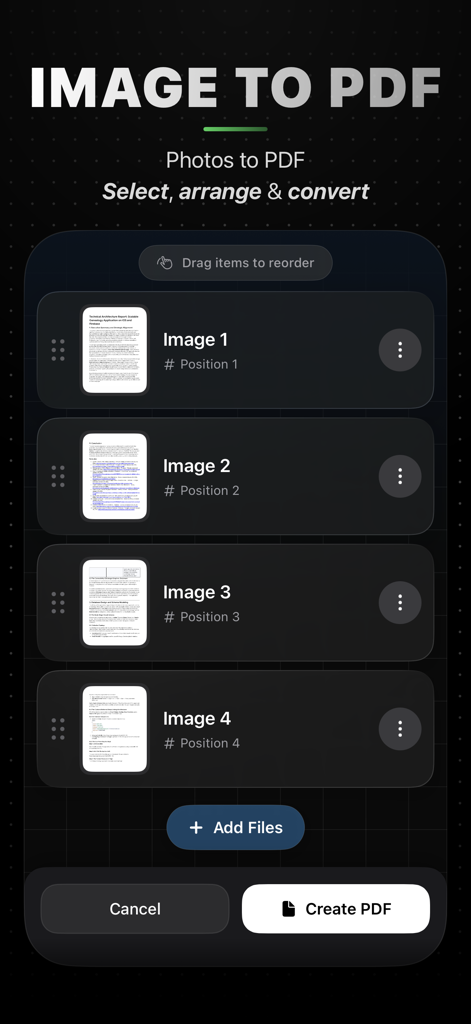 PDFWelder – PDF Merger - PDFWelderアプリのインターフェイスには、単一のPDFドキュメントに変換するために選択された複数の画像が表示されています