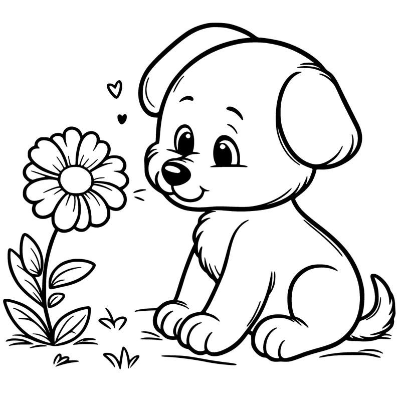 puppy smelling a flower