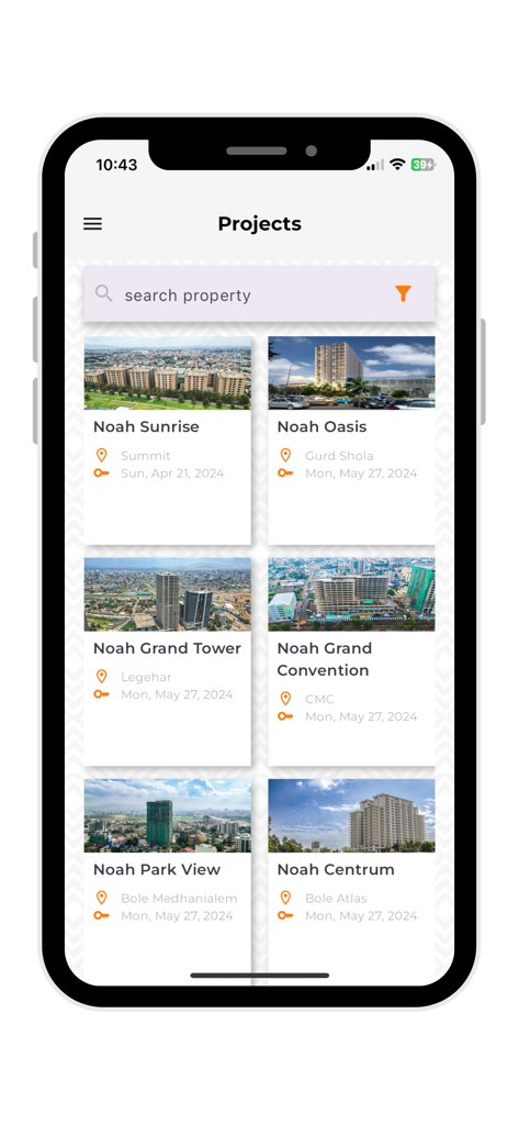 Noah Real Estate PLC - Noah Real Estate app displaying project developments in Addis Ababa