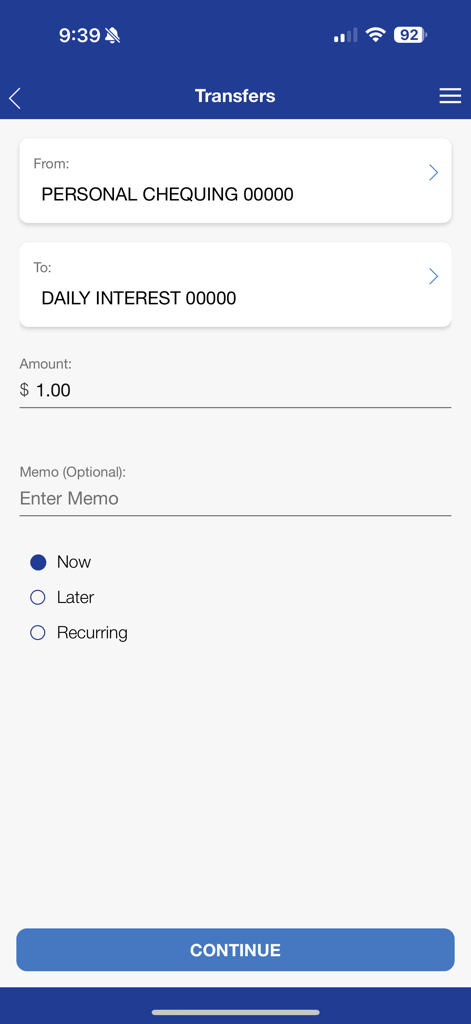 Polish Credit Union Mobile - Interface for transferring money between personal chequing and daily interest accounts in the Polish Credit Union app