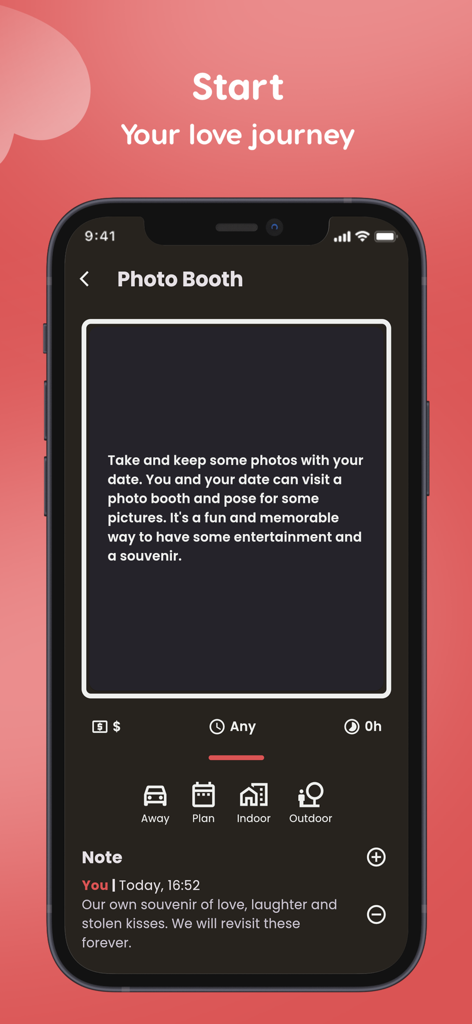 Scratch The Date - 説明とパーソナライズされた関係のメモが付いたフォトブースデートのアイデアを特徴とするモバイルアプリの画面。