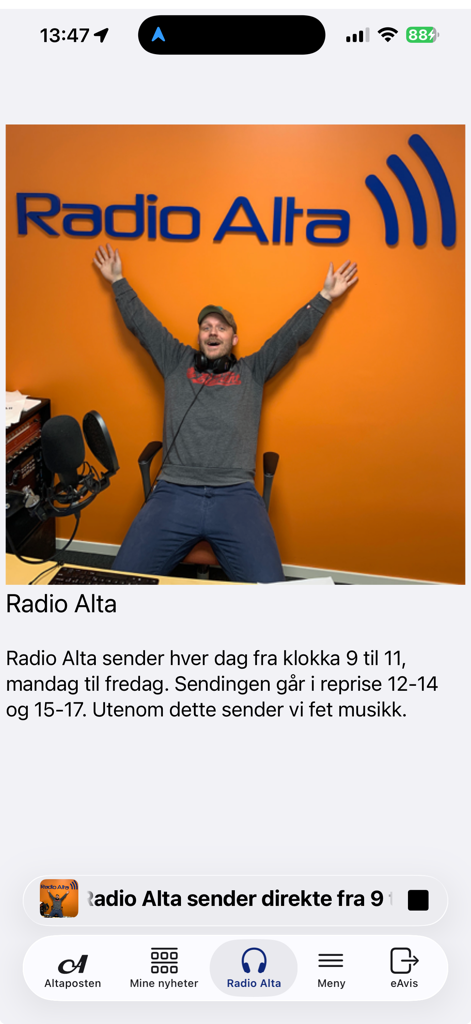 Altaposten - Schermata della trasmissione in diretta di Radio Alta all'interno dell'applicazione mobile di notizie Altaposten.