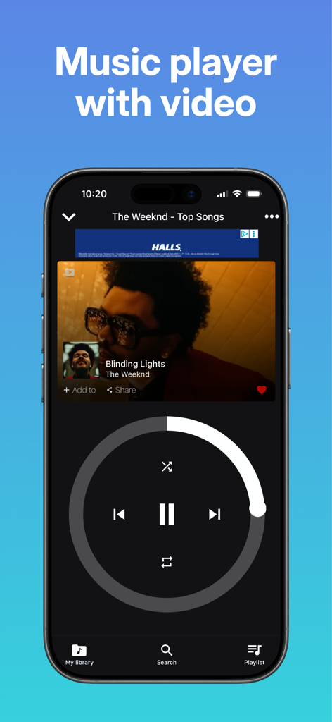 Interface de l'application Trending Music Player affichant la lecture d'un clip vidéo et les commandes