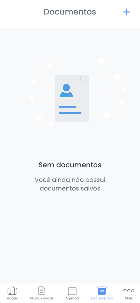Meu CIEE - Screenshot of the empty documents section in the Meu CIEE app with an illustration and a message saying no documents are saved yet.