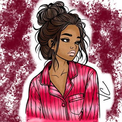 realistic woman with pajamas on and a messy bun