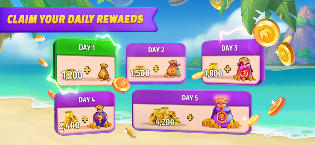 Spades Royale - Interface des récompenses de connexion quotidienne pour Spades Royale, présentant des prix en pièces et des sacs mystère sur cinq jours.