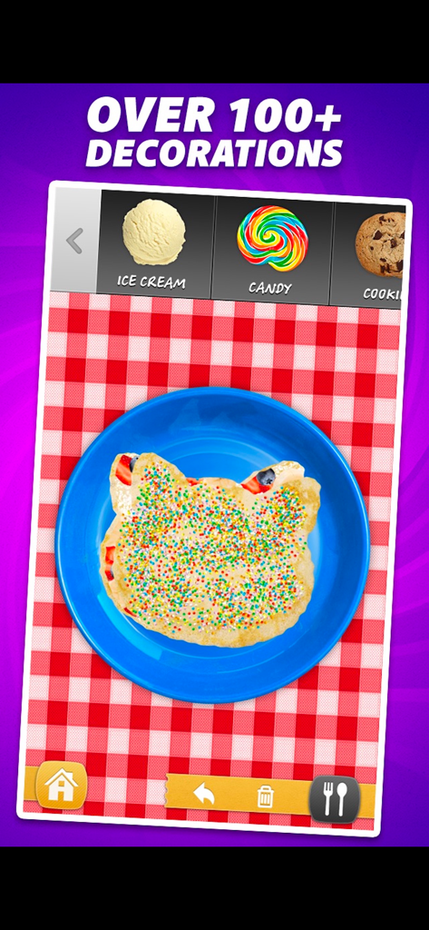 A cat shaped crepe decorated with colorful sprinkles and fruit on a blue plate within the Crepe Maker app
