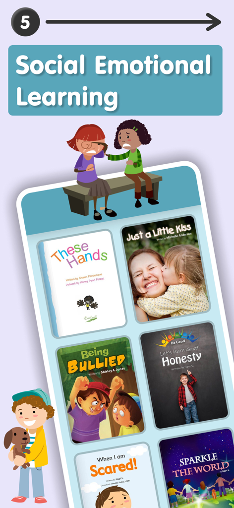 Collection of children's books for social emotional learning in the Kindergarten Reading app