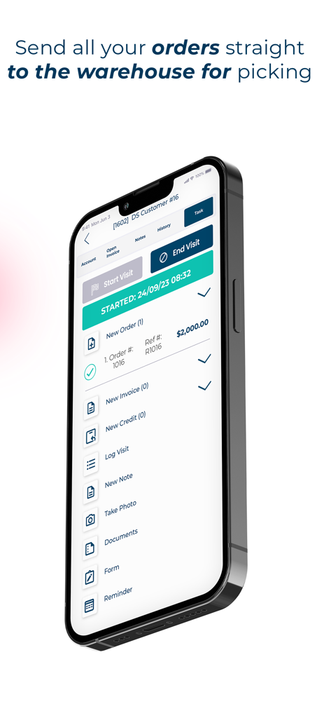 Listaso Sales mobile app screen for managing customer visits and sales orders