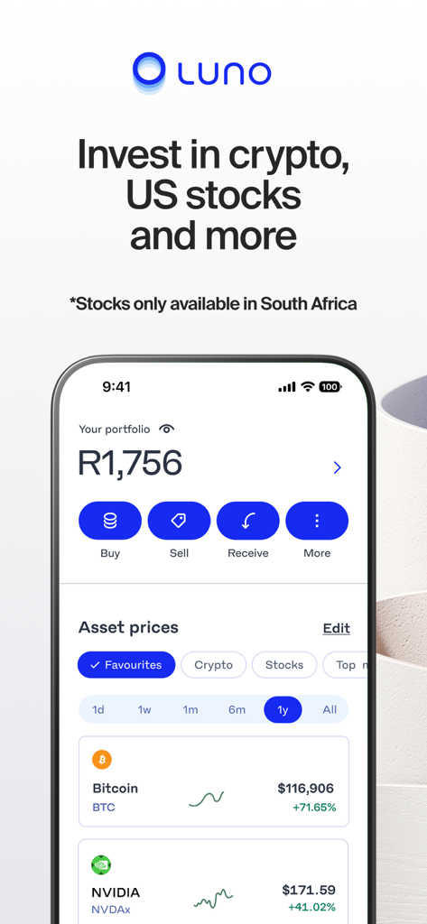 Luno App-Oberfläche, die den Portfolio-Saldo und die Kursdiagramme für Bitcoin- und NVIDIA-Aktien anzeigt