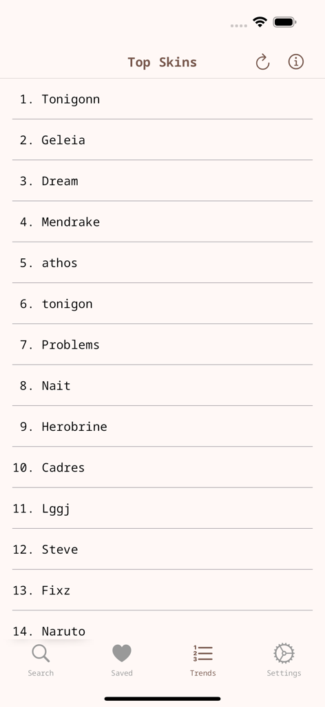 Uma lista das skins do Minecraft mais populares organizadas pelo nome de usuário do jogador na aba Tendências do aplicativo