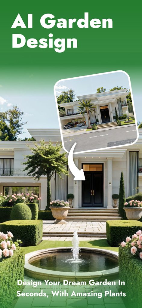 KI-generierte luxuriöse Gartentransformation mit einem Brunnen und gepflegten Hecken