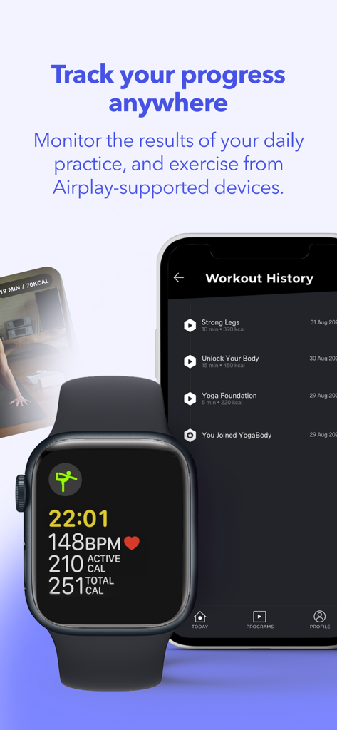 Meditopia Yoga - La aplicación Meditopia Yoga mostrando el historial de entrenamiento en un iPhone y métricas de fitness en tiempo real en un Apple Watch.