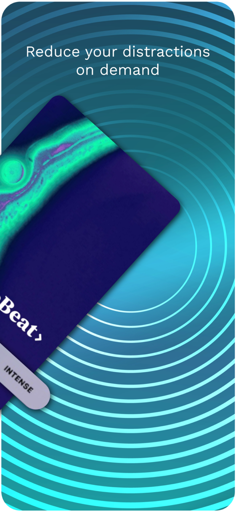 Focus@Will: Control Your ADD - Focus at Will app screen with text reading Reduce your distractions on demand over a blue ripple background