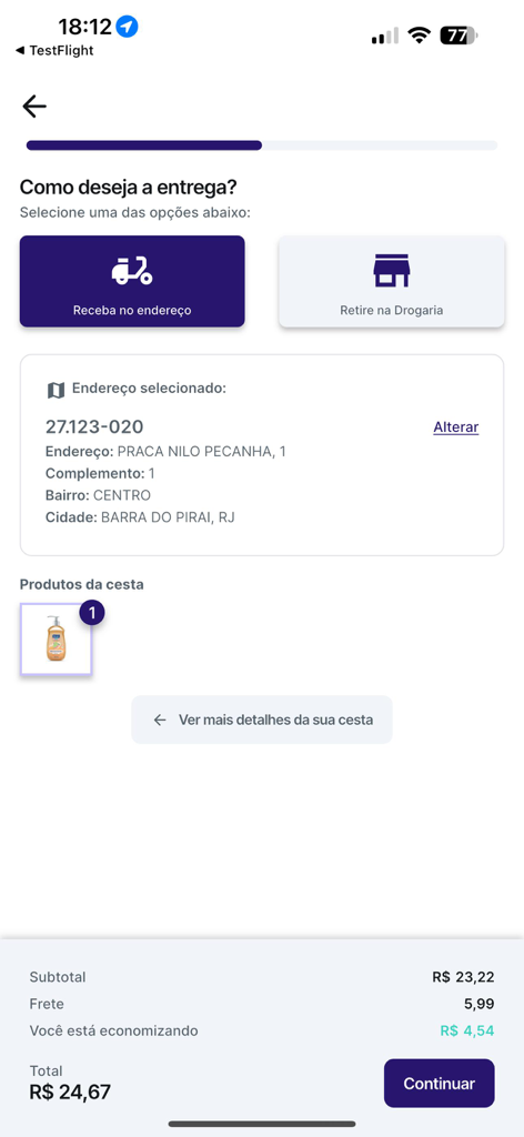 Drogarias Povão - Delivery and pickup selection screen in the Drogarias Pavao app showing shipping address and order summary