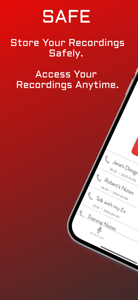 Phone Call Recorder + - Interfaz de la aplicación Grabadora de Llamadas que muestra una lista de grabaciones almacenadas con un mensaje sobre acceso seguro