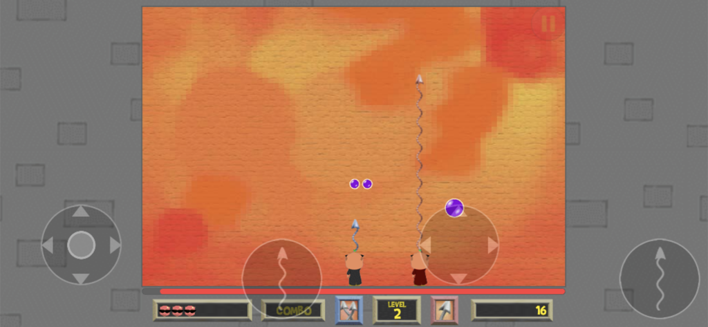 Local co-op gameplay in Bubble Struggle 2 showing two characters shooting harpoons at bouncing purple bubbles