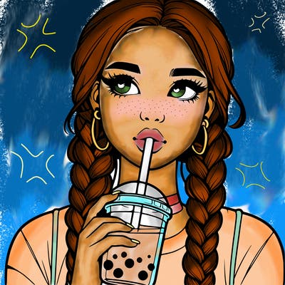 realistic girl with braided hair drinking boba