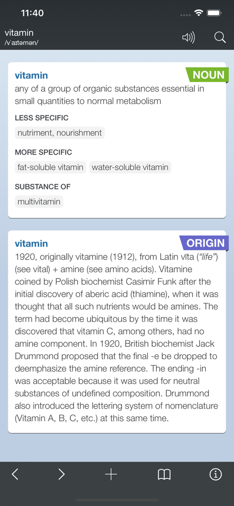 Advanced English Dictionary app interface showing the definition and etymology of the word vitamin