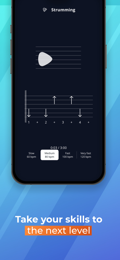 Interactive guitar strumming pattern exercise with adjustable tempo settings