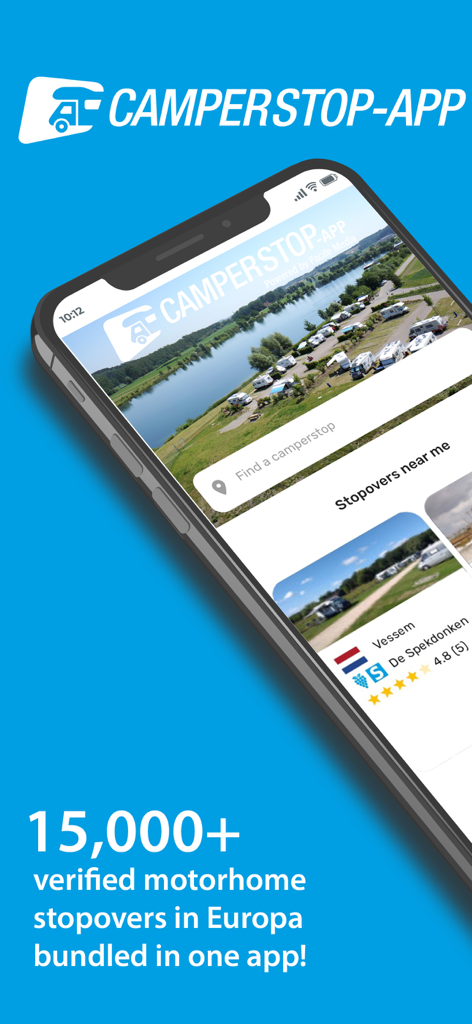 Smartphone displaying the Camperstop app with verified motorhome stopovers in Europe