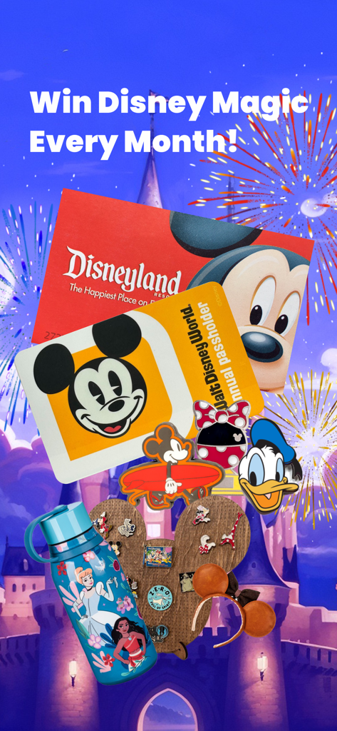 Promotional screen for MagicPin app featuring Disney annual passes and collectible pins with the text Win Disney Magic Every Month