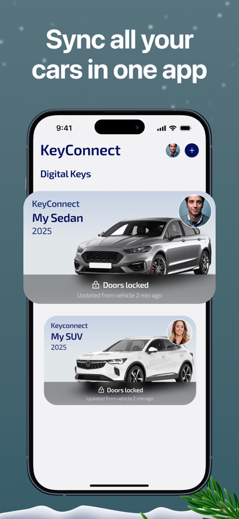 KeyConnect app interface on a smartphone showing multiple vehicles managed in one dashboard