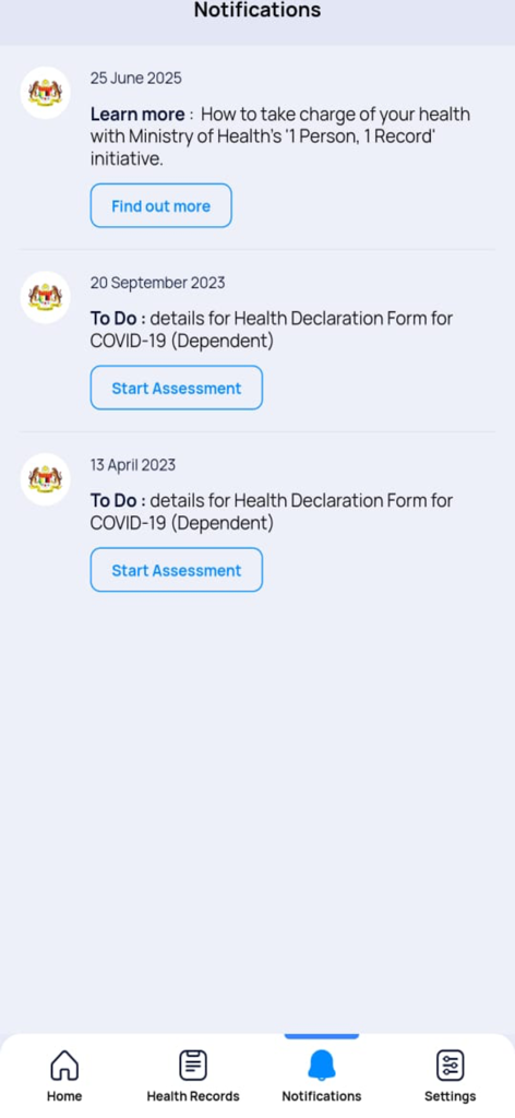 The notifications screen of the MySejahtera app showing health updates and assessment tasks