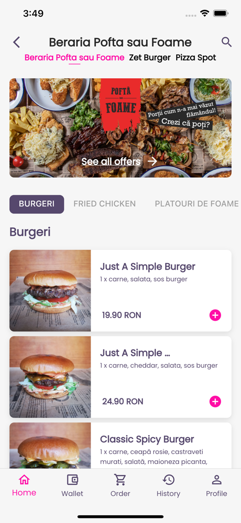 Zizam - Zizam food delivery app displaying a burger menu from a local restaurant in Brasov