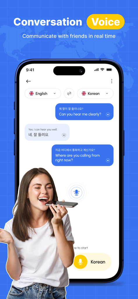 AI Translator: Travel Lens - A mobile app interface showing a real time voice translation conversation between English and Korean