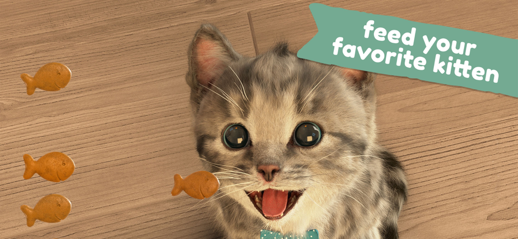 A realistic 3D kitten being fed fish shaped treats