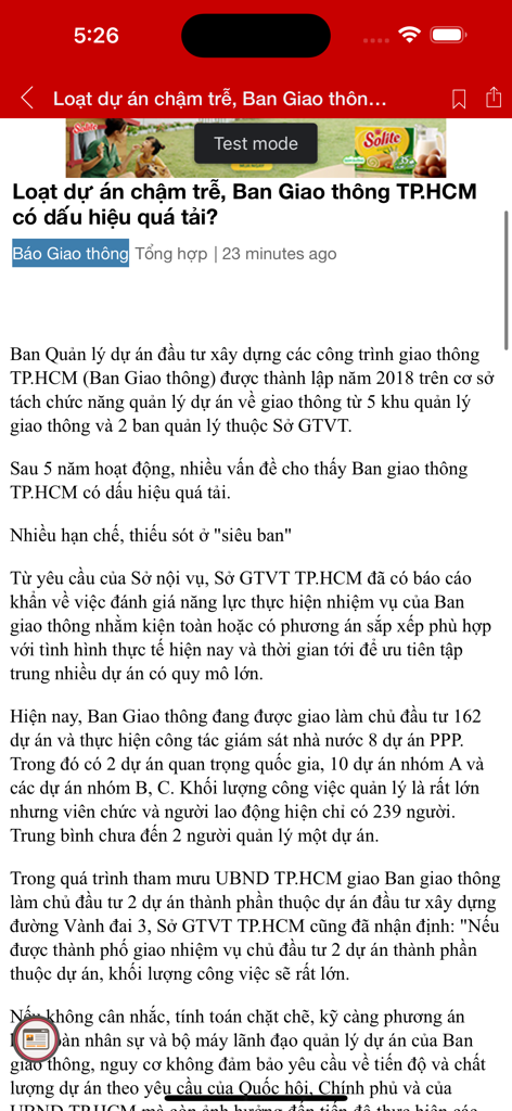 Báo Điện Tử - Đọc báo online - Un artículo de noticias en vietnamita sobre proyectos de transporte en la ciudad de Ho Chi Minh mostrado en una pantalla móvil.