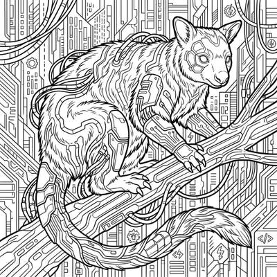 Embark on an electrifying journey with this unique Cyberpunk Tree Kangaroo coloring page. This design beautifully merges the natural world with a futuristic, tech-infused aesthetic, offering a truly captivating coloring experience.
