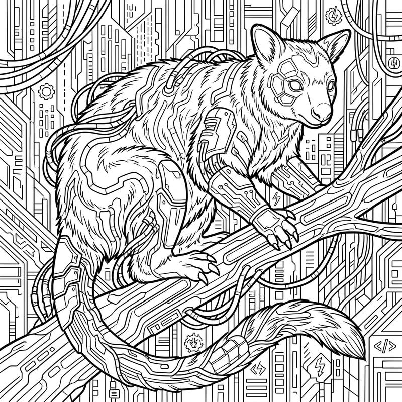 Embark on an electrifying journey with this unique Cyberpunk Tree Kangaroo coloring page. This design beautifully merges the natural world with a futuristic, tech-infused aesthetic, offering a truly captivating coloring experience.
