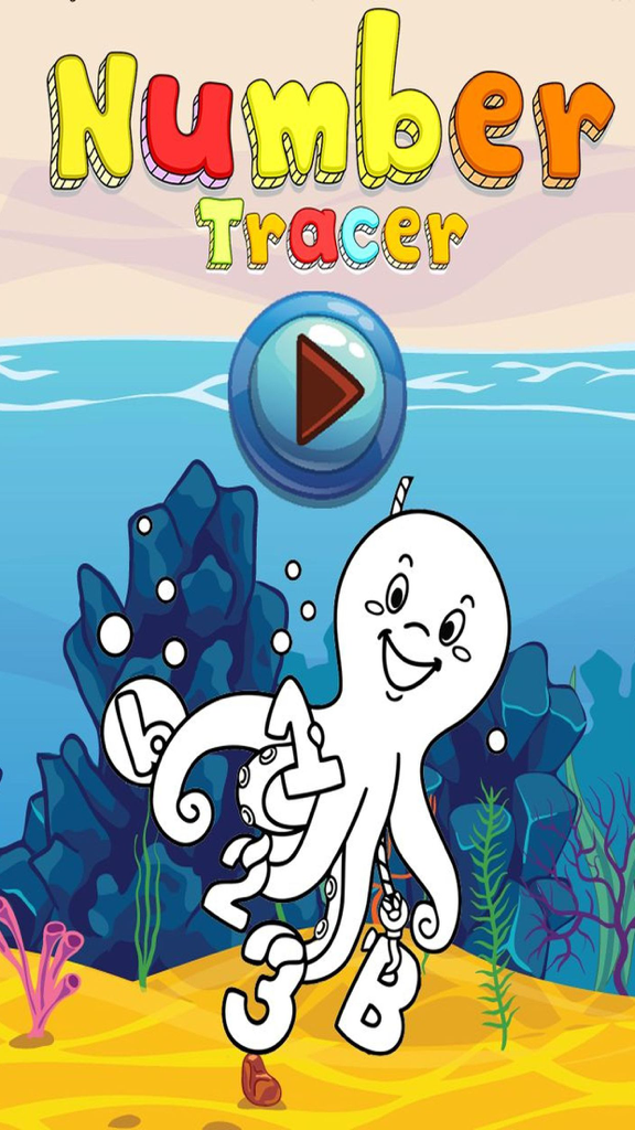 Numbers Tracer Phonics Coloring Book: Learning Basic Math Free For Toddlers And Kids! - A tela principal do aplicativo Number Tracer com um botão de reprodução azul e um polvo de desenho animado segurando números e letras debaixo d'água
