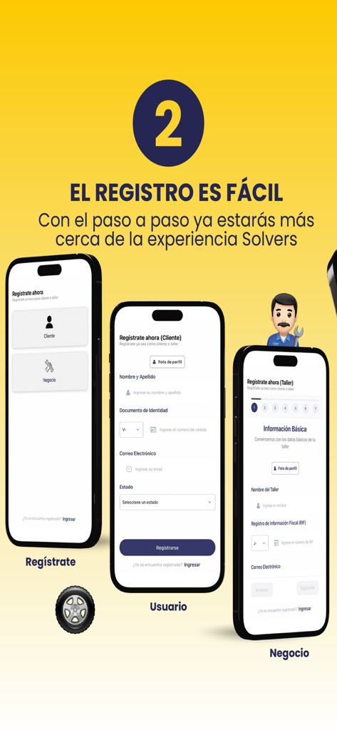 Solvers - Pantallas móviles que muestran el fácil proceso de registro paso a paso para propietarios de coches y mecánicos en la aplicación Solvers