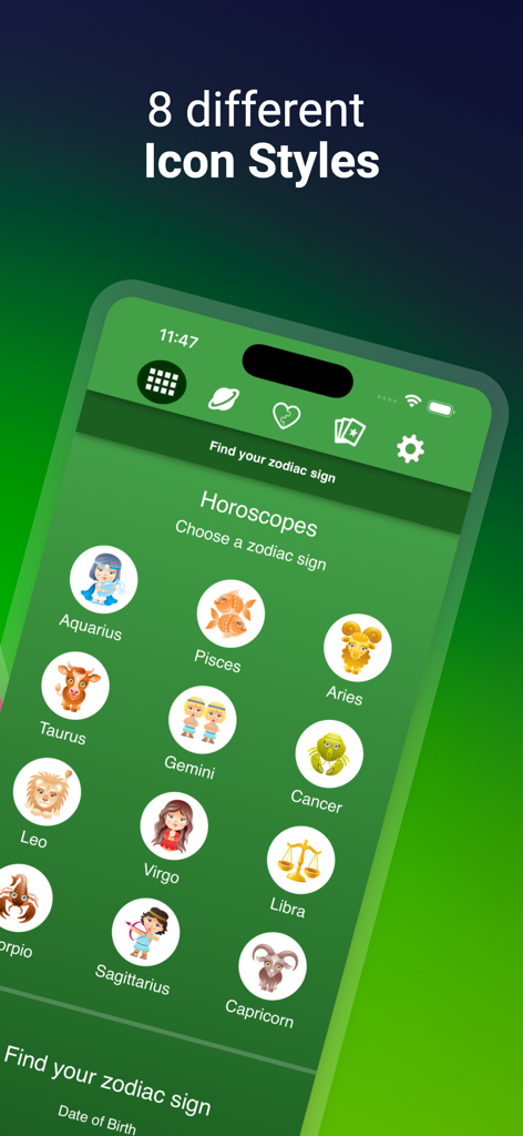 Una pantalla que muestra diferentes iconos de signos del zodíaco en la aplicación de astrología Horóscopo