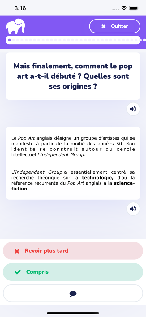 Wooflash - Interfaz de la aplicación Wooflash que muestra una tarjeta de memoria digital sobre la historia del Pop Art.