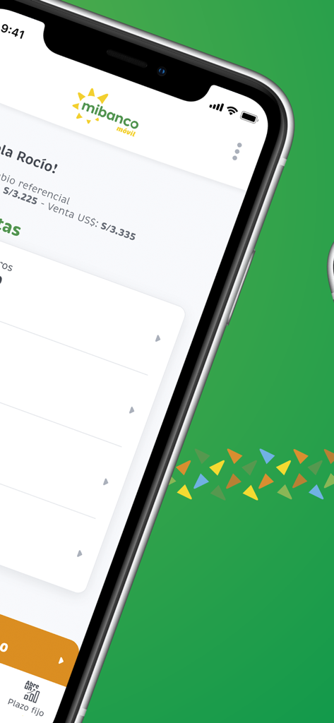 Mibanco Movil app interface on a smartphone showing account details and currency exchange rates for the Peruvian diaspora