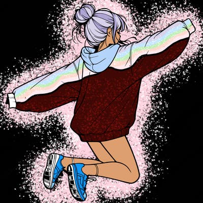 realistic girl jumping with a bun and oversized sweatshirt