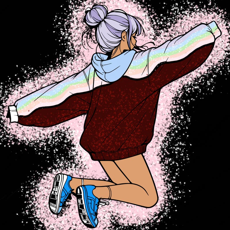 realistic girl jumping with a bun and oversized sweatshirt