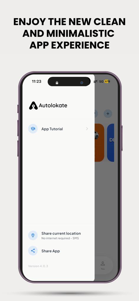 IDG: Autolokate - Screenshot of the Autolokate app showing a clean and minimalistic menu with location sharing and tutorial options