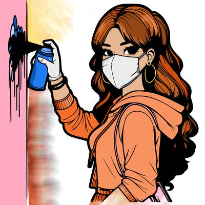 realistic girl with mask spray painting a wall