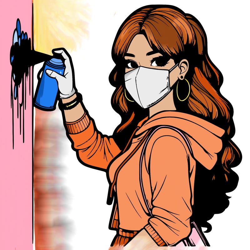 realistic girl with mask spray painting a wall