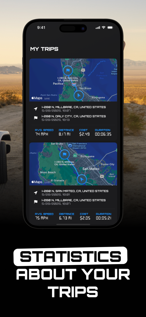 GPS Speedometer+ Speed Tracker - Trip history screen showing route maps with statistics for average speed distance cost and duration