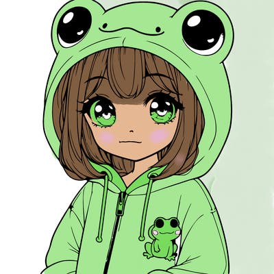 cute realistic girl in a froggy hoodie